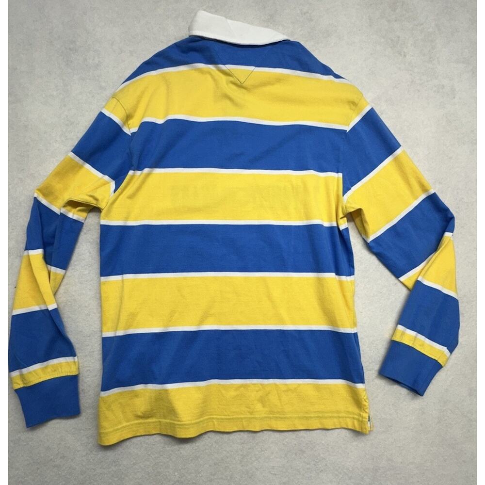 Tommy Jeans Mens Small Blue Yellow Striped Rugby Polo Long Sleeve Shirt 100% Cot - Picture 6 of 6